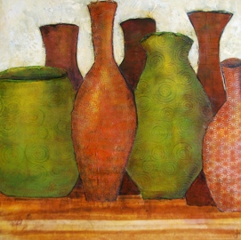 mix media, canvas, art, paint, paper collage, vases, jars,earth toned